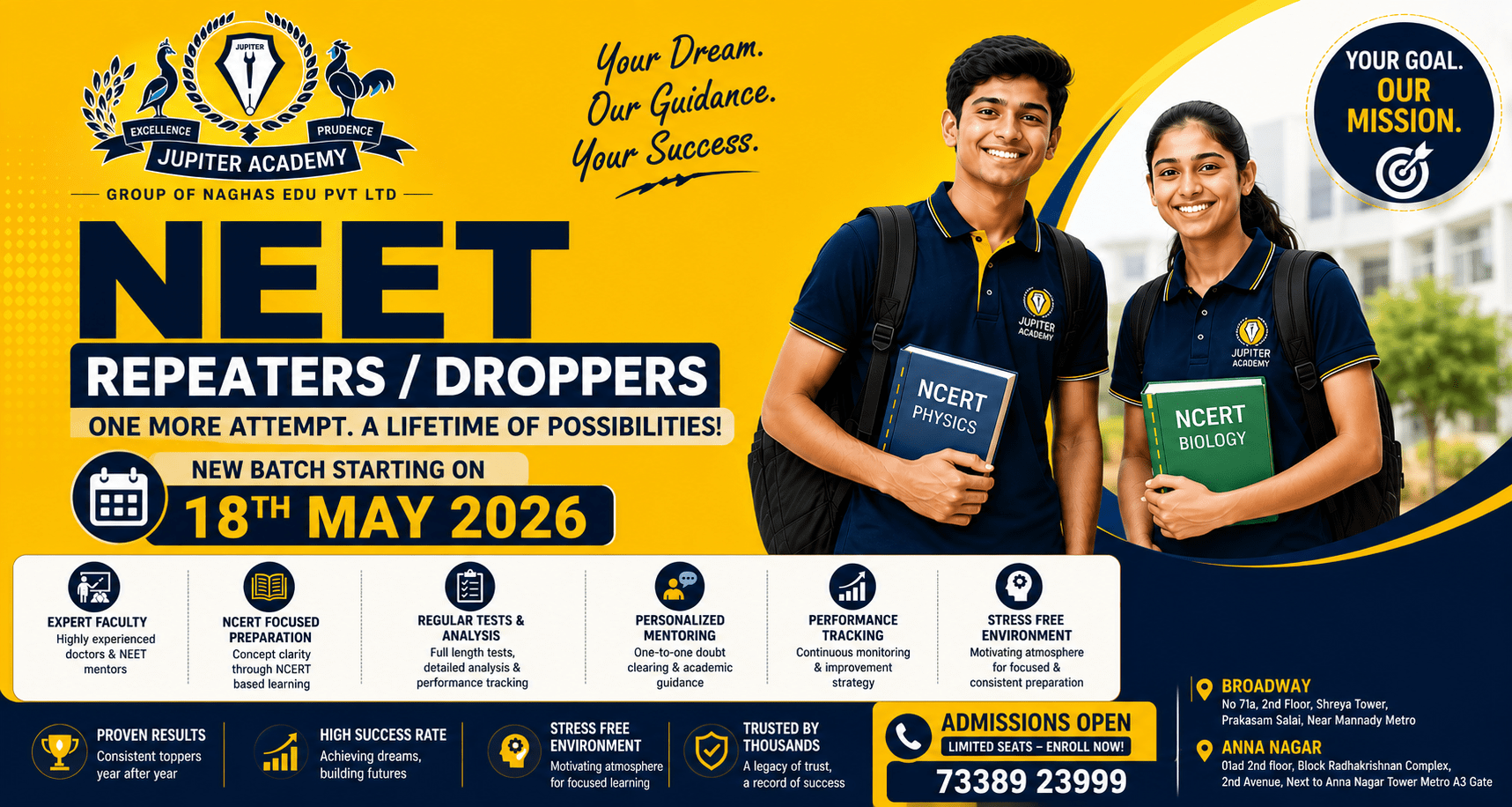 NEET Repeaters Droppers Batch 2026 – New Batch Starting 18th May 2026 – Jupiter Academy Chennai – Call 73389 23999